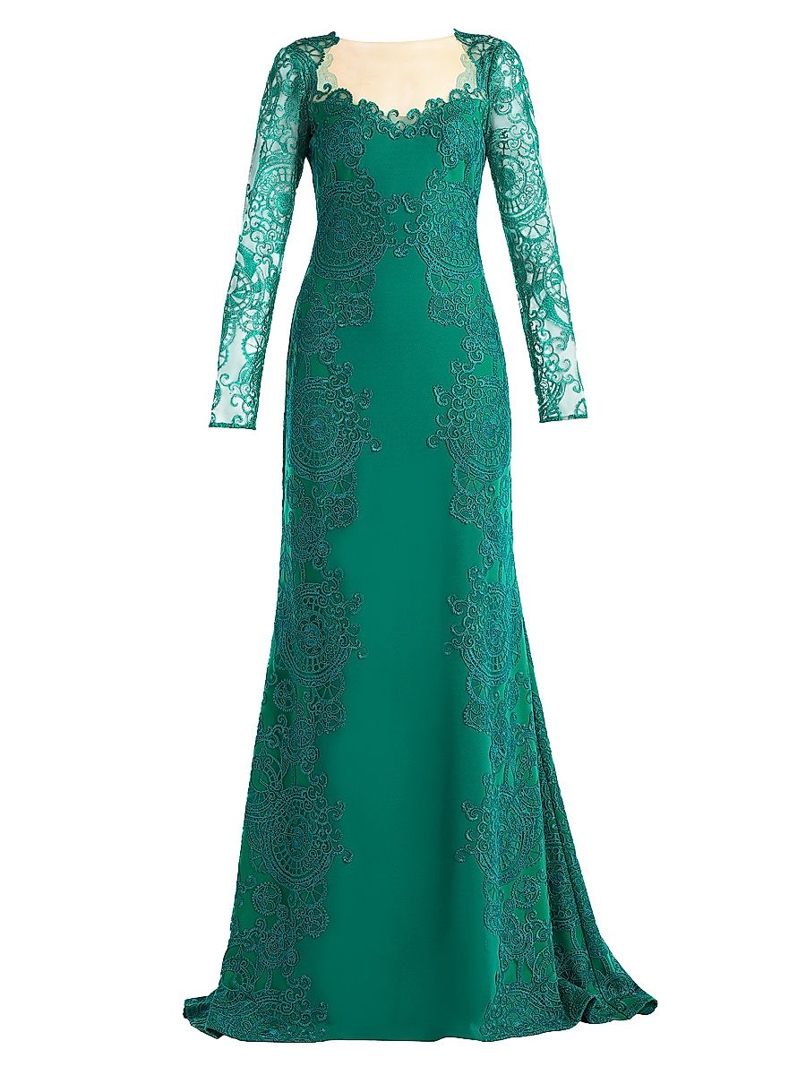 Women's Lace-Embroidered Illusion Gown - Emerald - Size 18