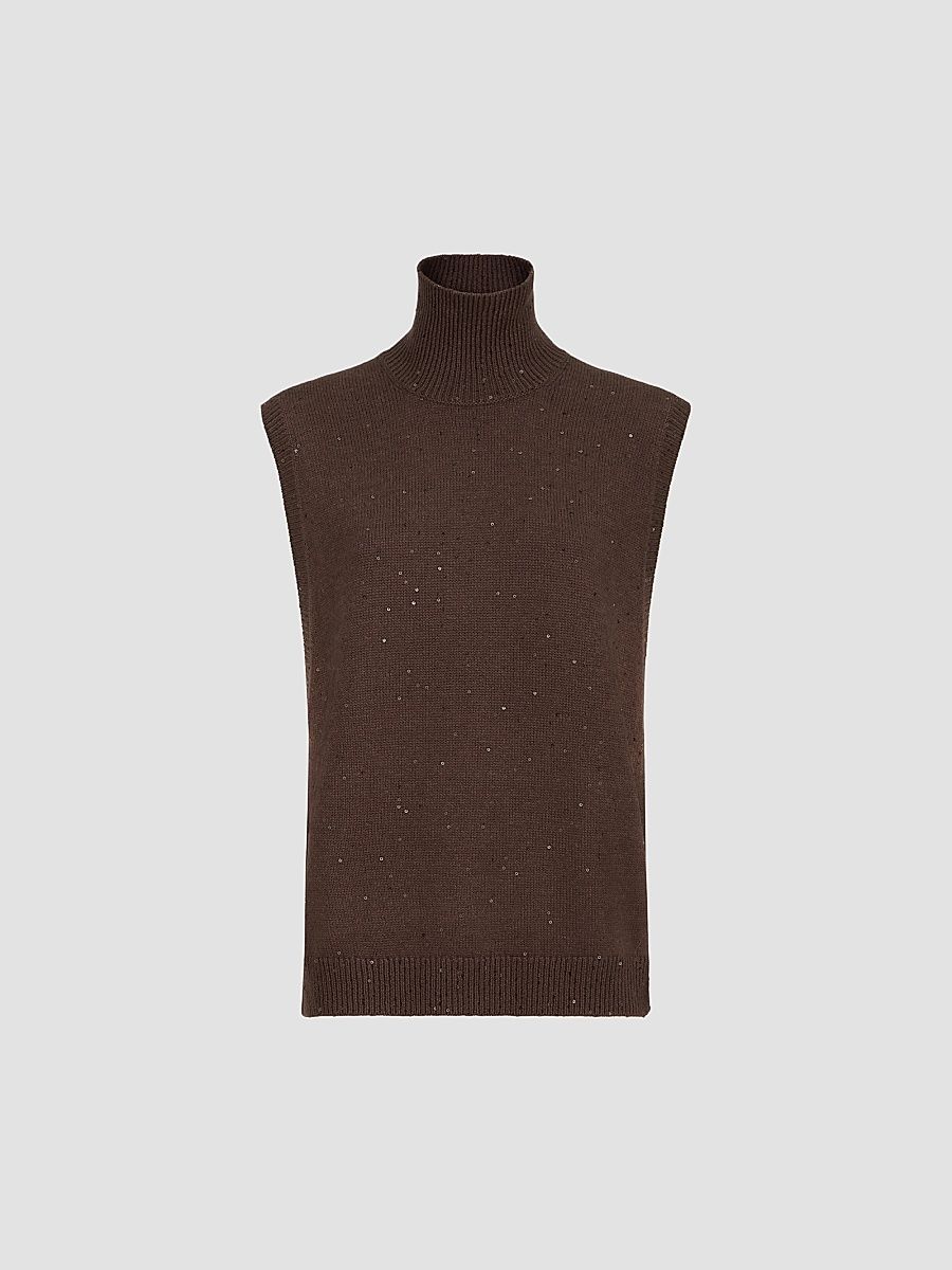 Women's Cashmere and Silk Diamond Yarn Turtleneck Sweater Vest - Brown - Size Small