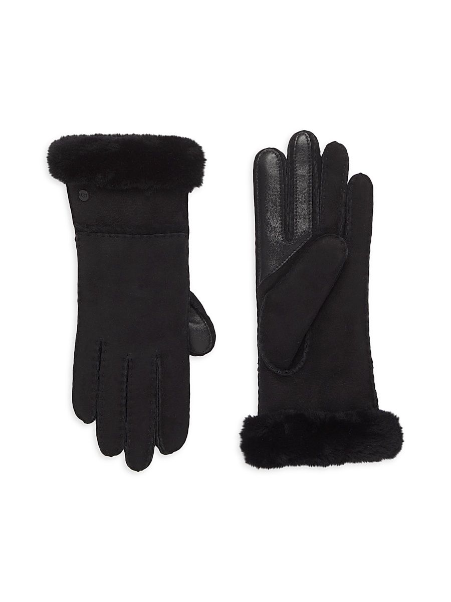 Women's Suede & Sheepskin Seamed Tech Gloves - Black - Size Medium
