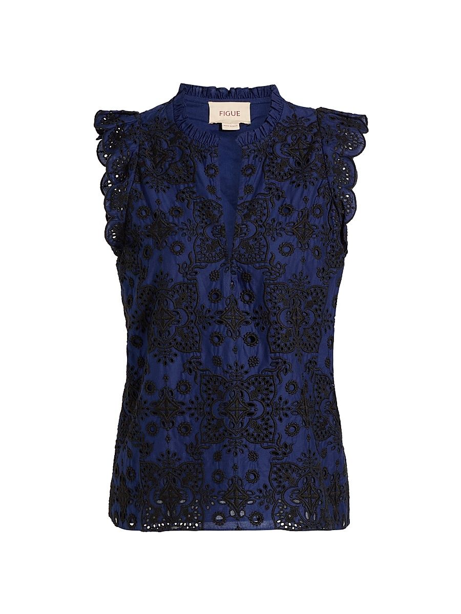 Women's Maris Embroidered Cotton Top - True Navy - Size XL