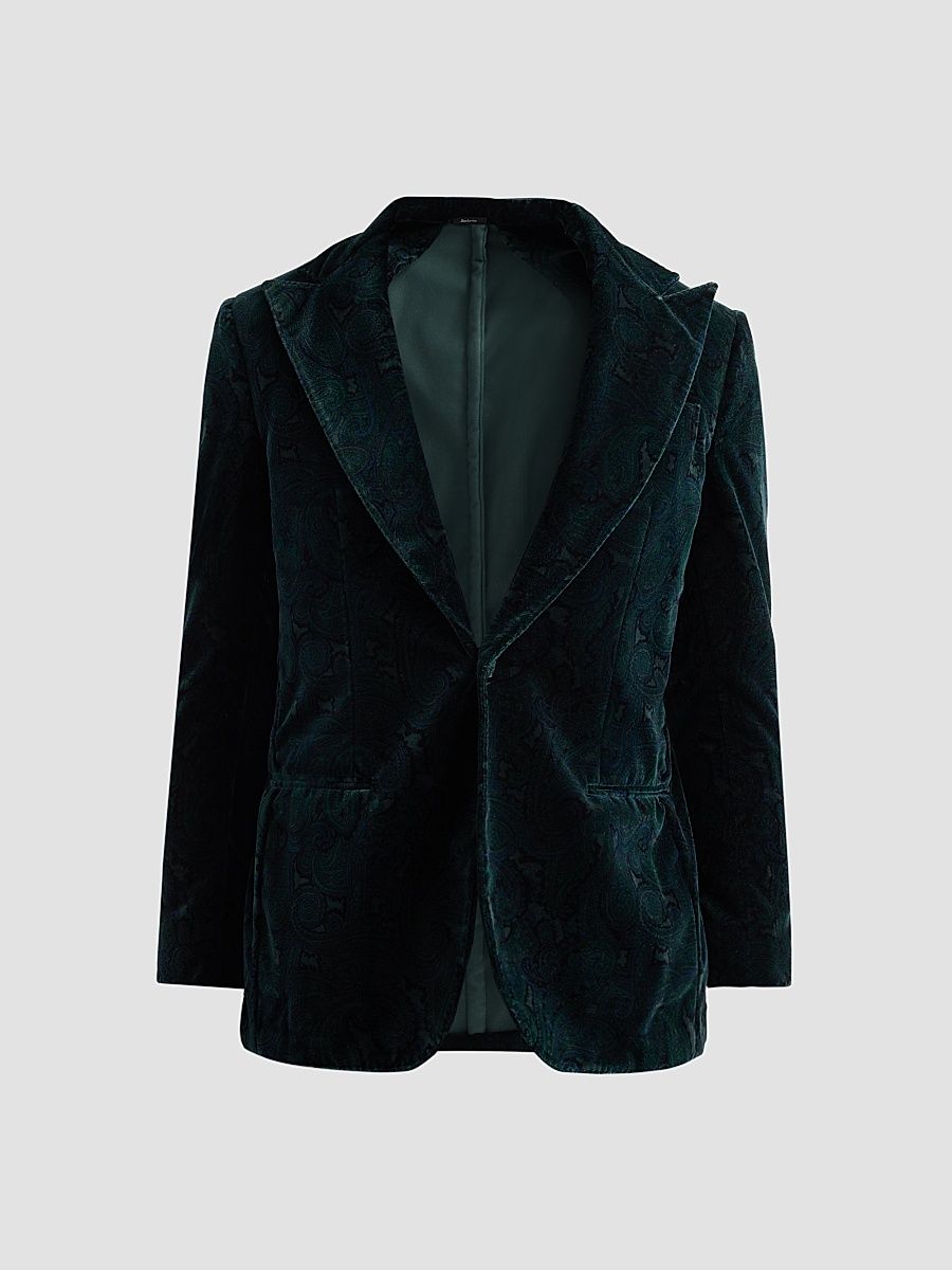 Men's Paisley Velvet Single-Button Dinner Jacket - Dark Green - Size 40