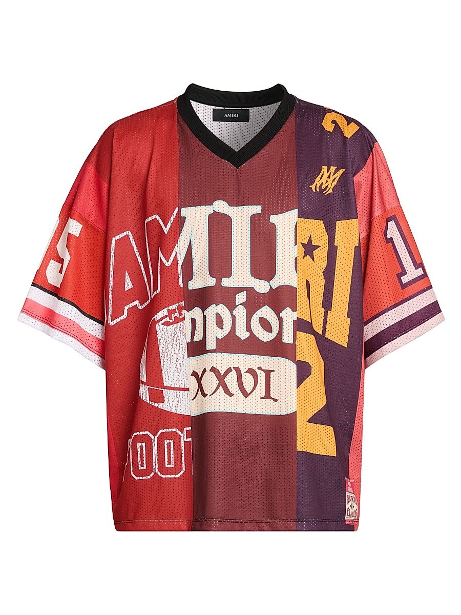 Men's Spliced Logo Oversized V-Neck T-Shirt - Red - Size Small