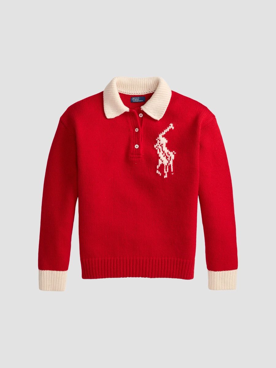 Polo Ralph Lauren Women's Logo Wool Knit Polo Sweater - Red Cream - Size XS