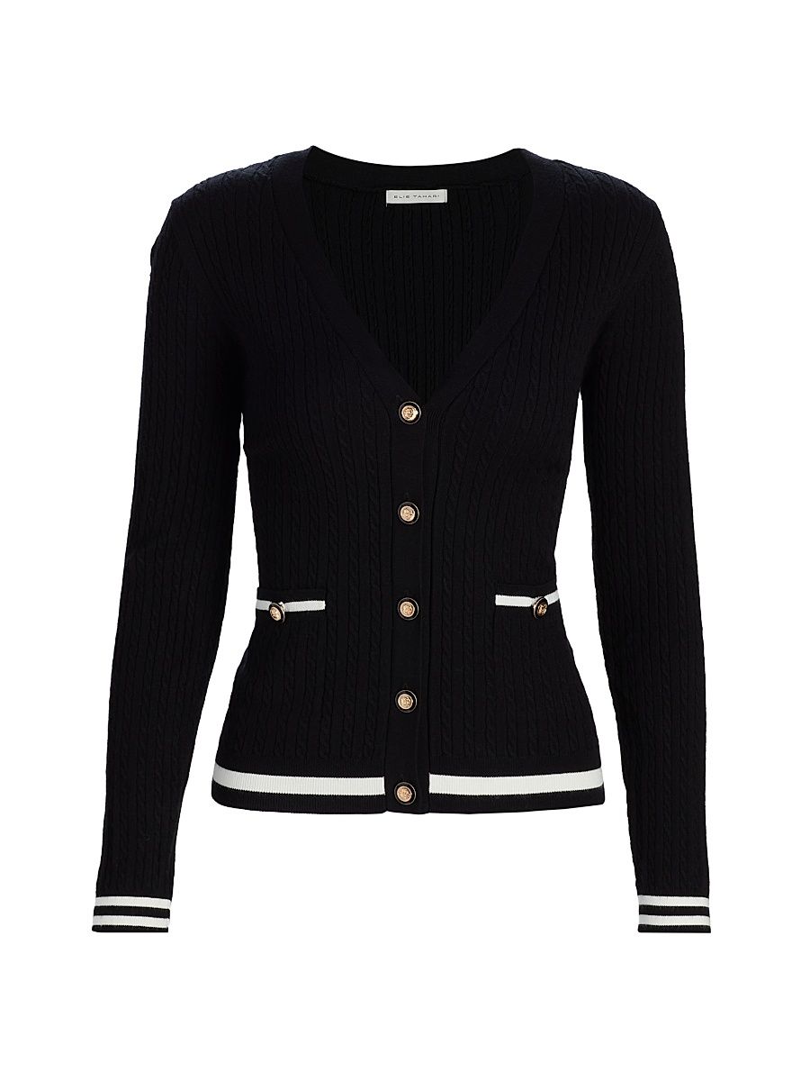 Women's The Jade Cable-Knit Cardigan - Noir And Sky White - Size XL