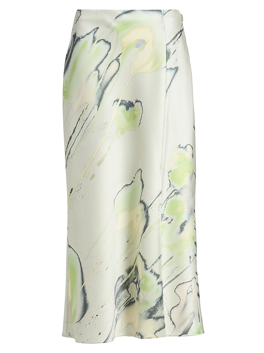 Women's Watercolor Floral Crépe Satin Slip Midi-Skirt - Light Jade Multi - Size 14