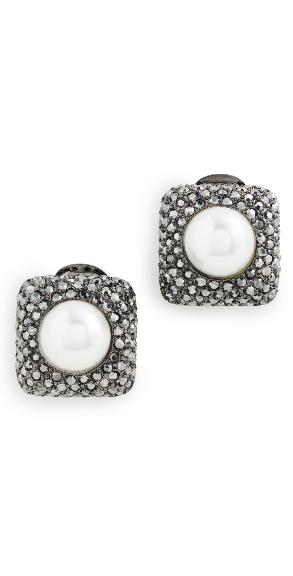 Kenneth Jay Lane Pearl Ball Center Square Clip Earrings Gunmetal/White Pearl One Size