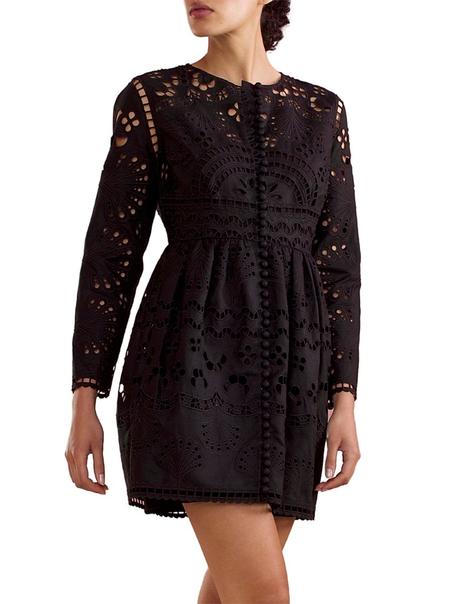 Women's Eyelet Long-Sleeve Minidress - Black - Size 10