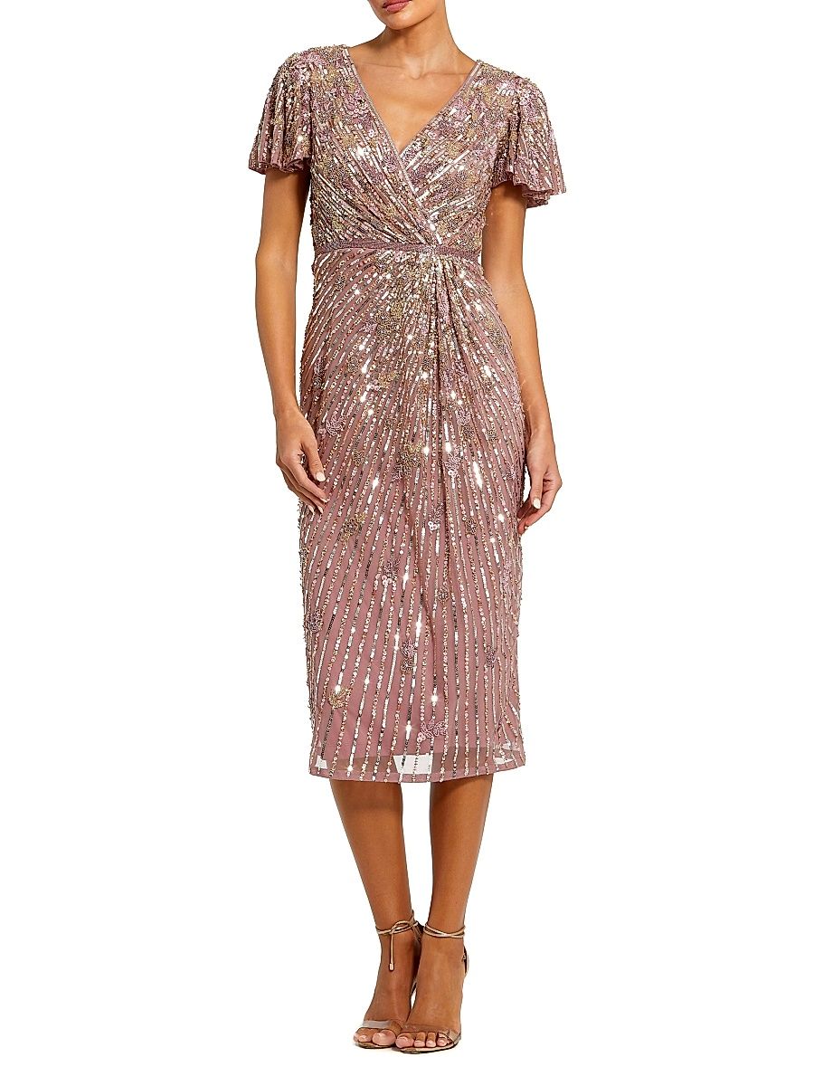 Women's Cocktail Beaded Faux Wrap Midi-Dress - Vintage Lilac - Size 16
