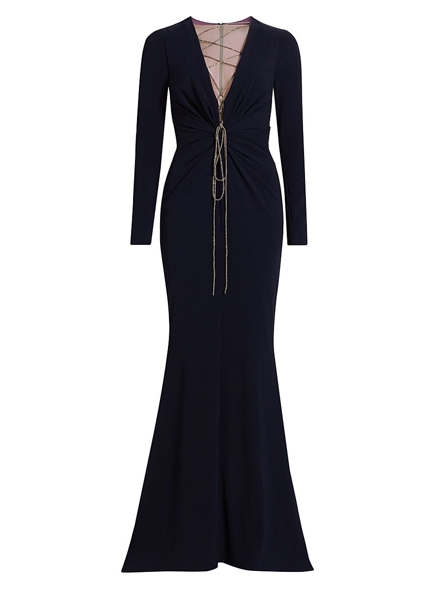 Women's Cady Crystal Lace-Up Plunge Gown - Midnight - Size 2