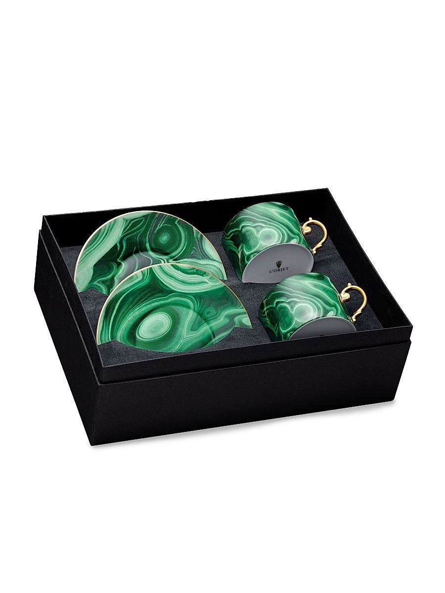 Malachite 24K Gold-Trim Teacup & Saucer 4-Piece Set