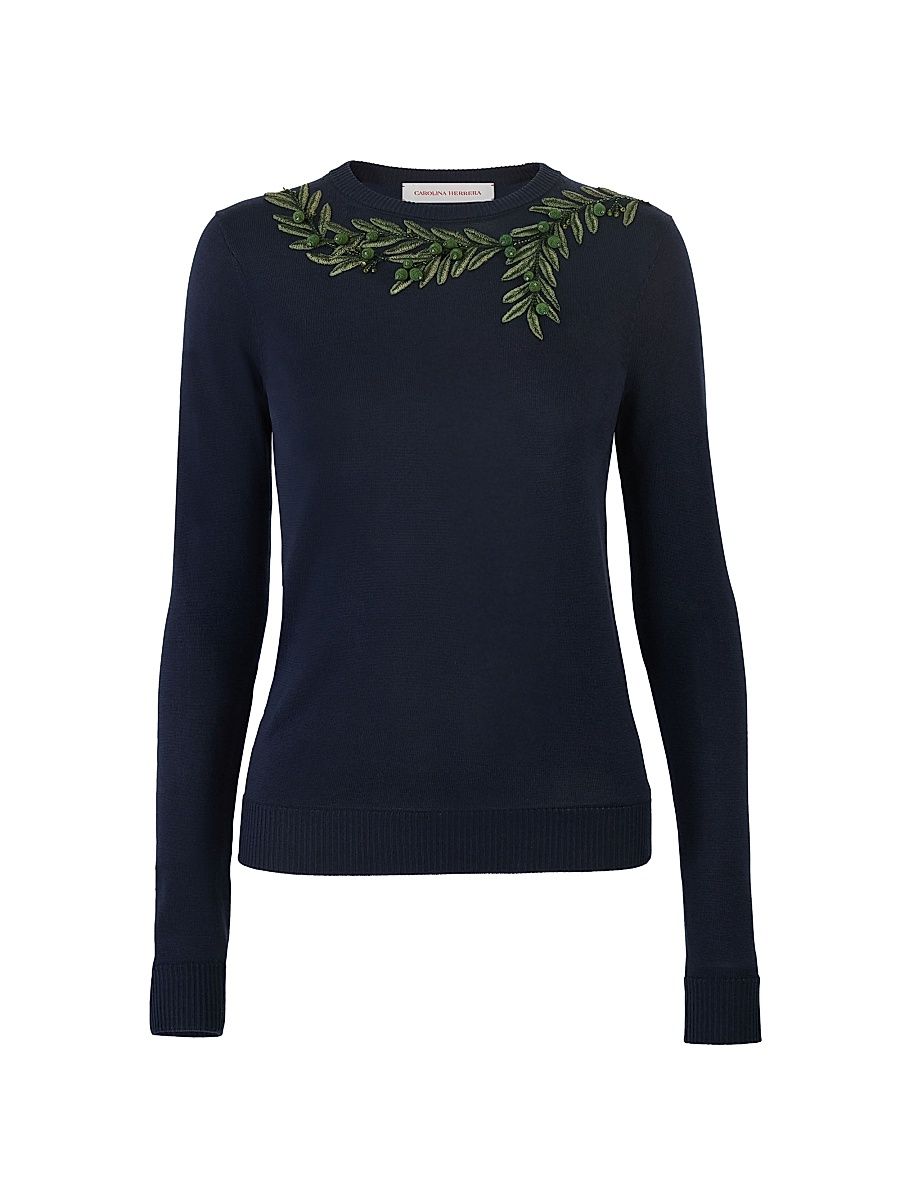 Women's Leaf Embroidered Silk-Cotton Sweater - Midnight Multi - Size Large