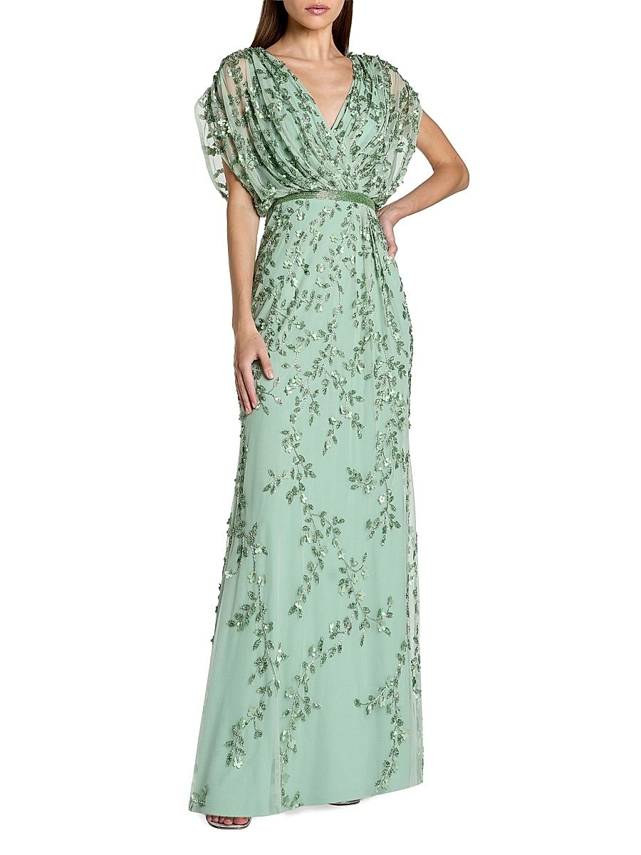 Women's Beaded Draped Mesh Column Gown - Seafoam - Size 12