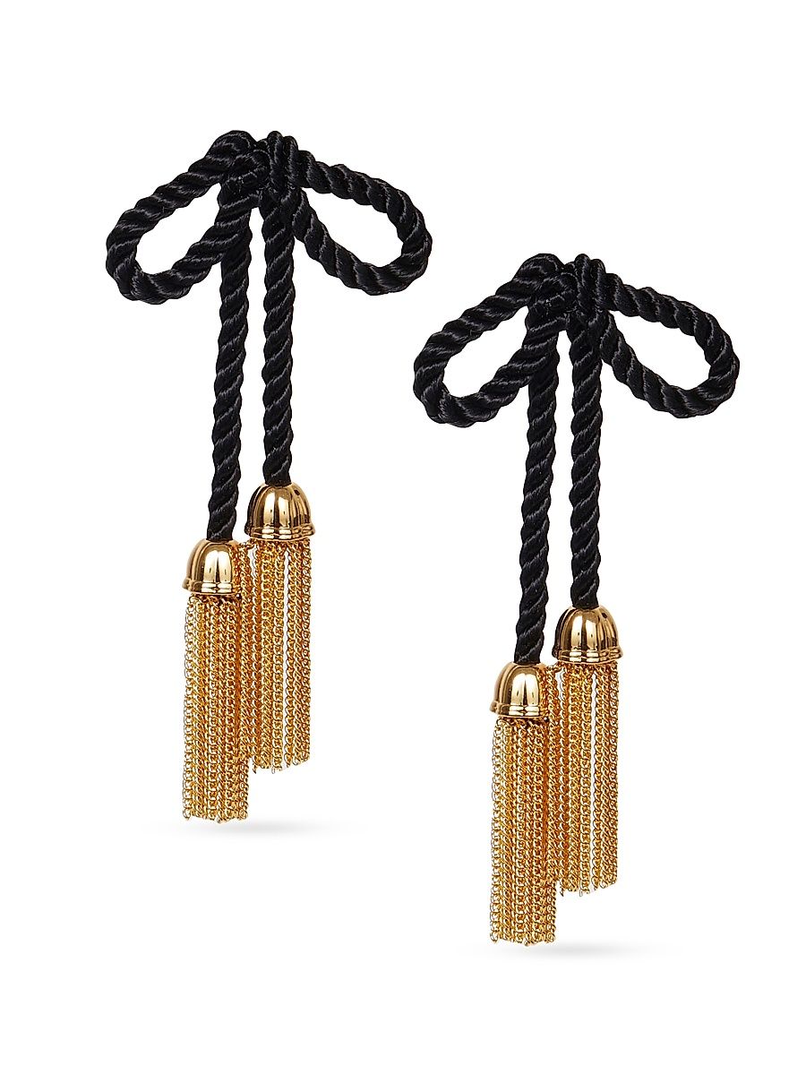 Women's Velvet Bow Tassel Earrings - Jet