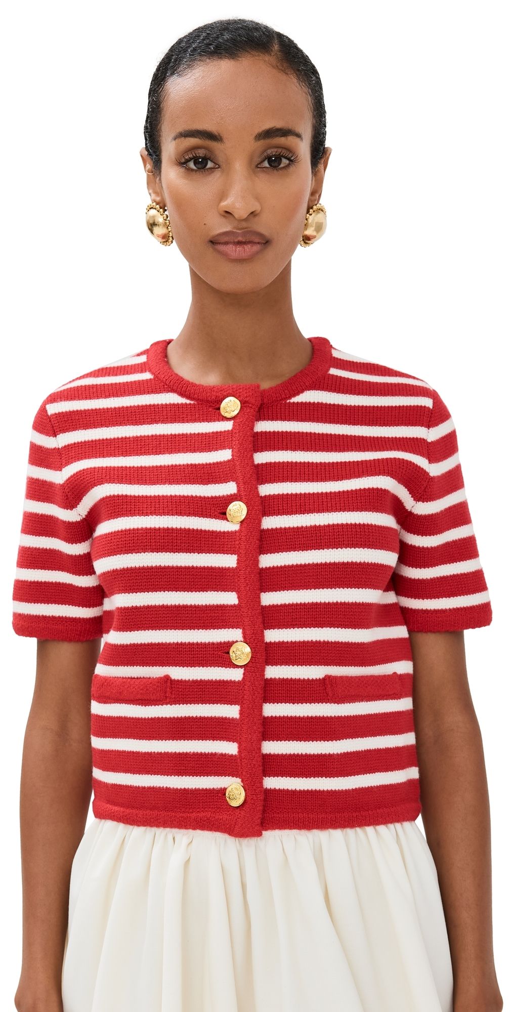 English Factory Knit Striped Sweater Cardigan Red/White S