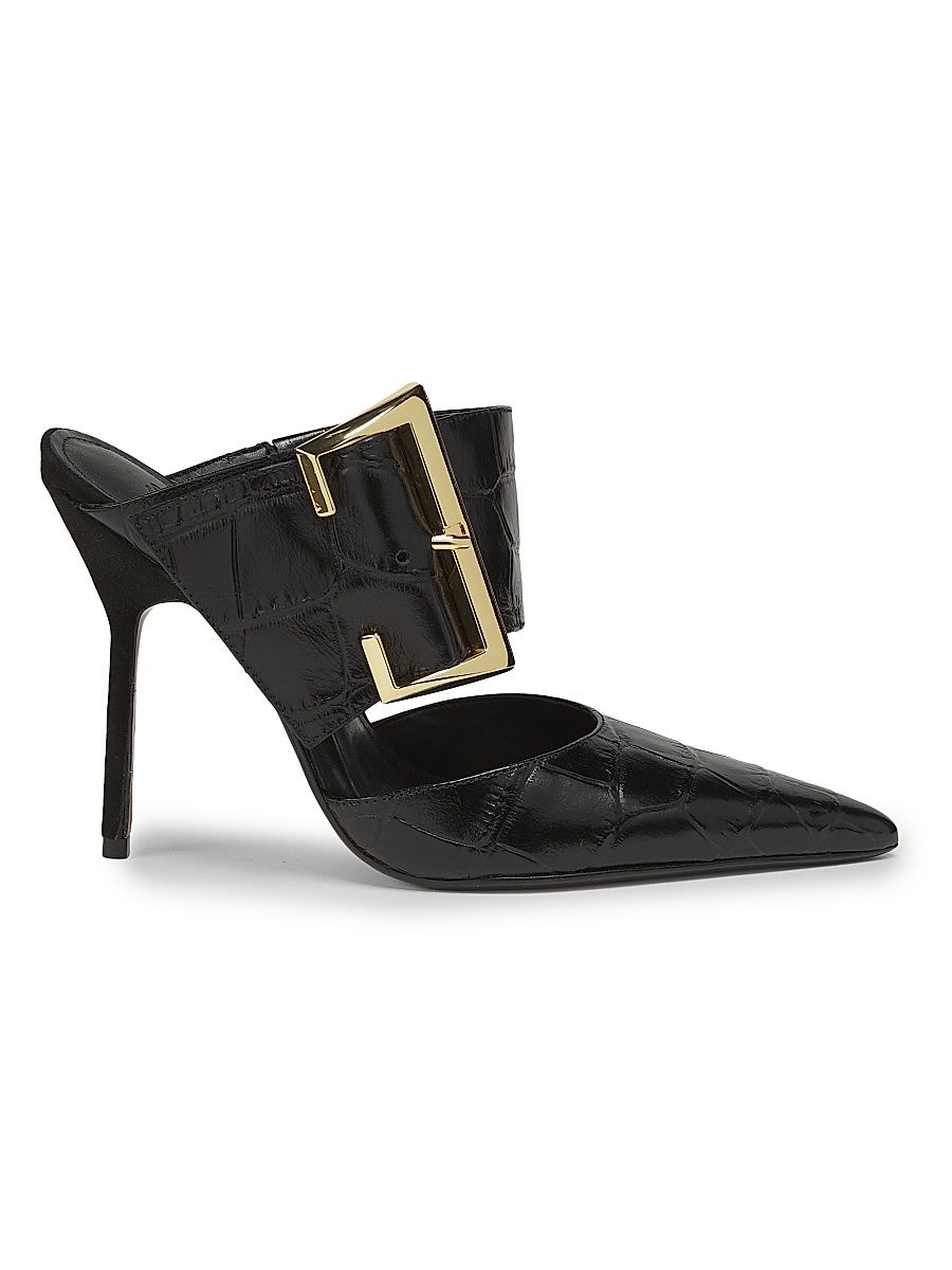 Women's Beatrix 100MM Croc-Embossed Leather Mule Pumps - Black - Size 8.5