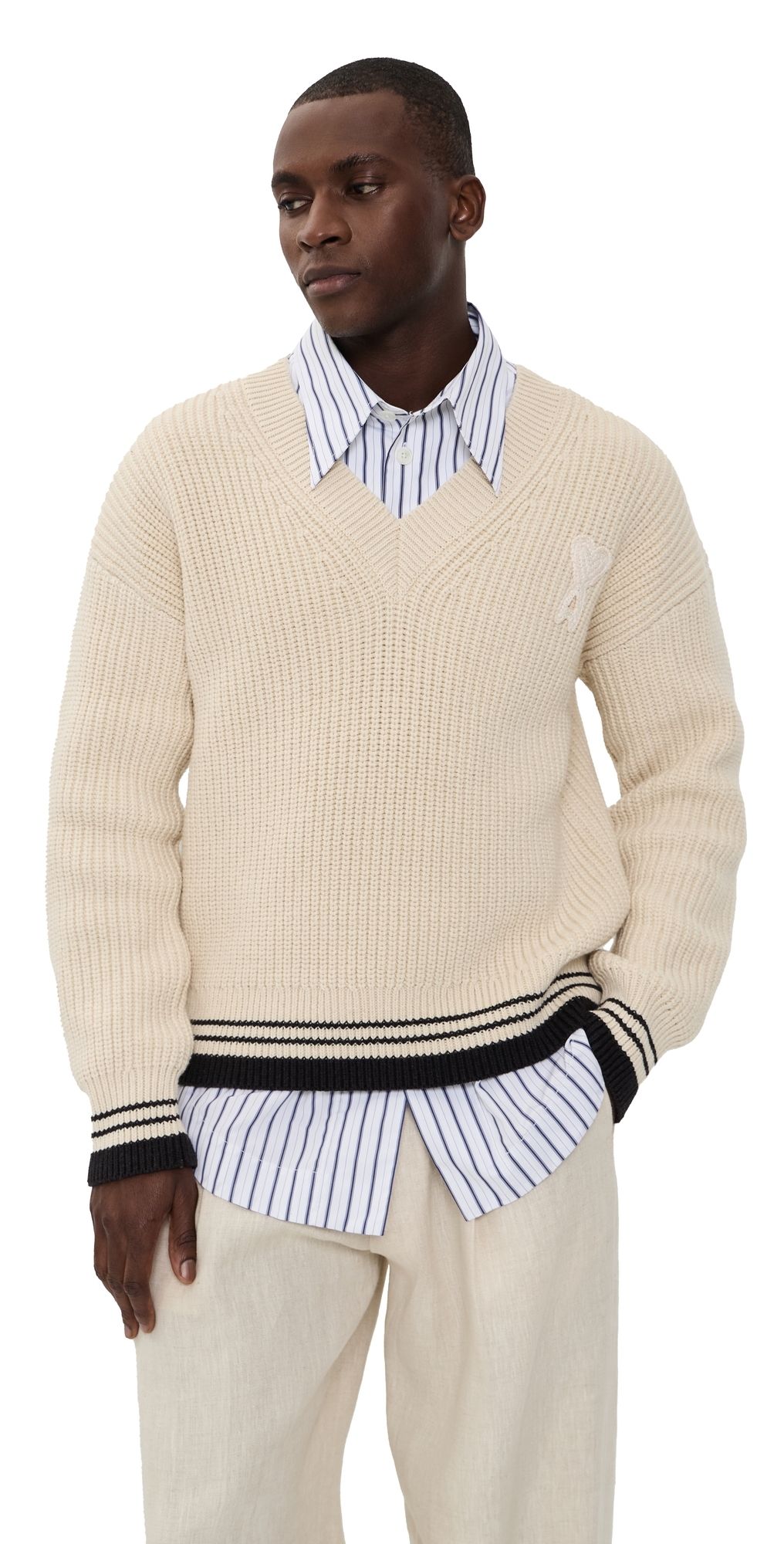 AMI Ribbed V Neck Sweater Blanc Creme XL