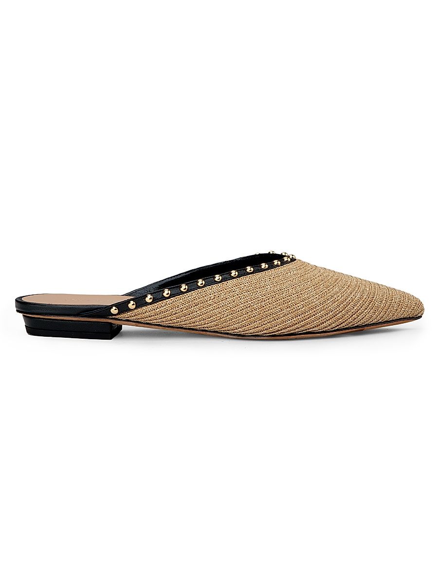 Women's Hera Raffia Studded Leather-Trimmed Mules - Natural - Size 10