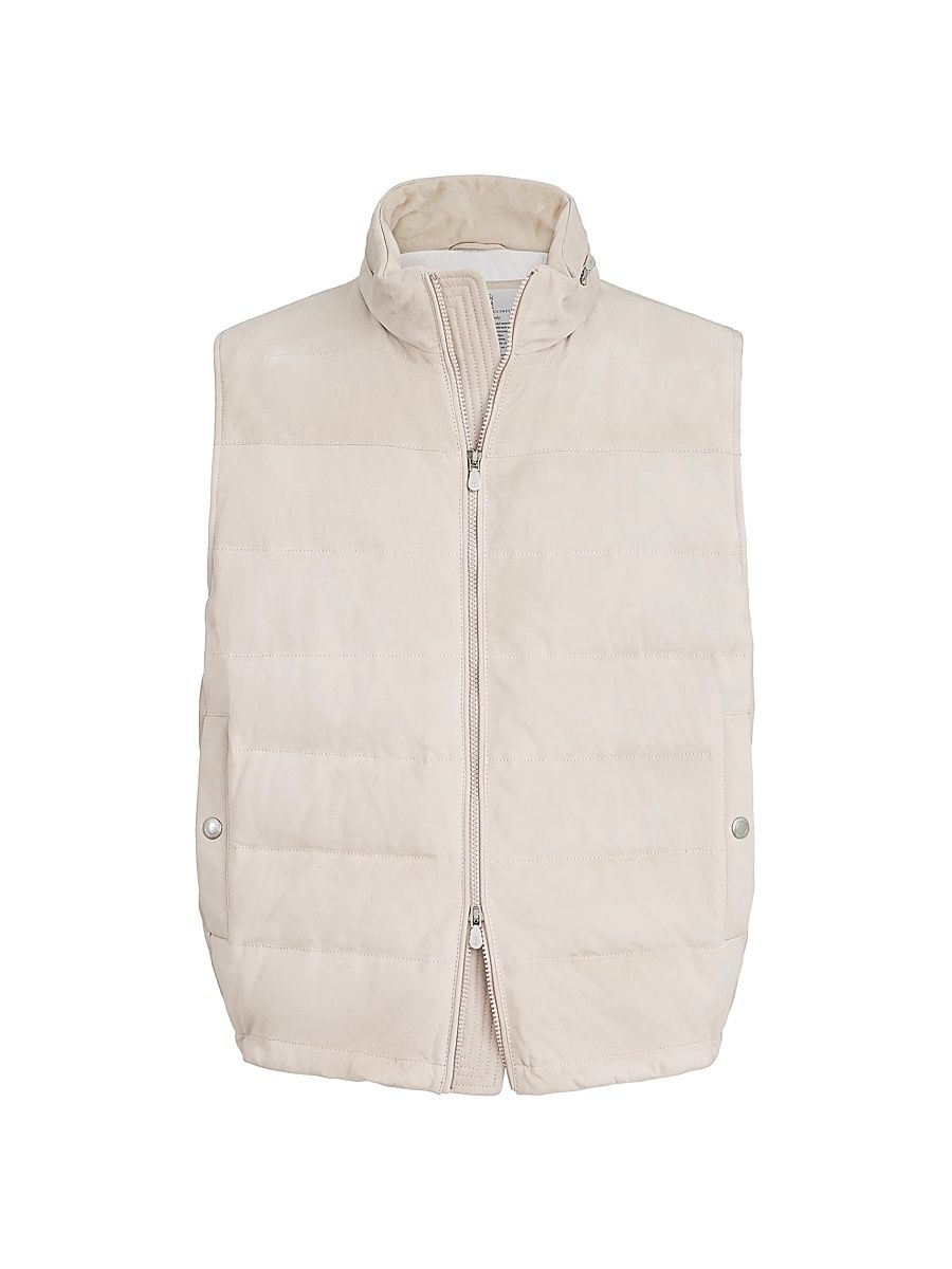 Men's Suede Down Vest with Packable Hood - Light Brown - Size Small