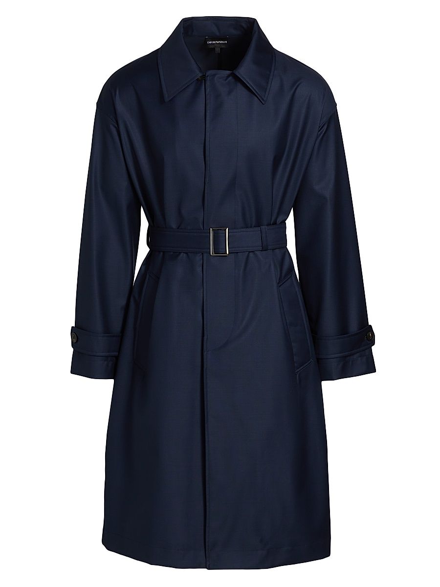 Men's Wool Belted Trench Coat - Blue - Size 44