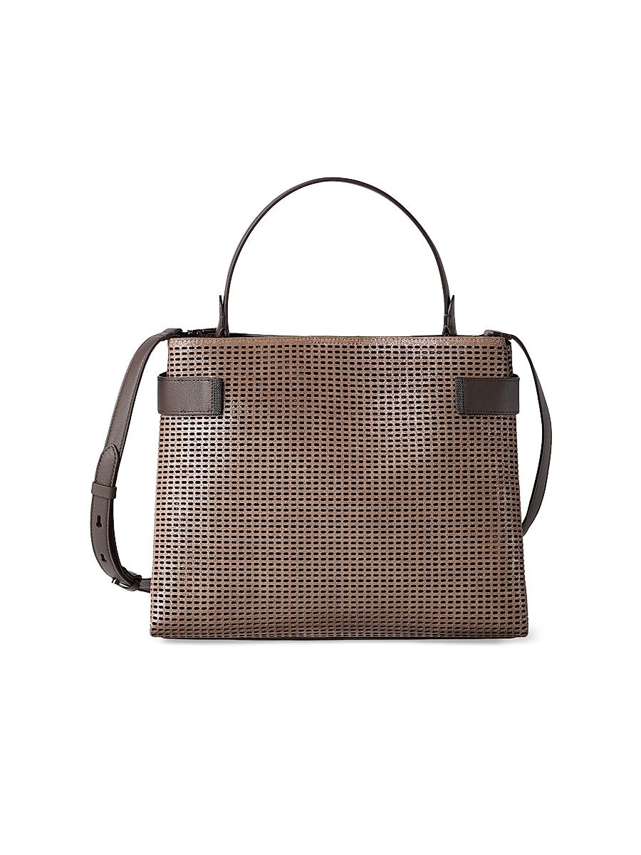 Women's Essence Top Handle Bag in Sparkling Net Leather with Monili - Brown