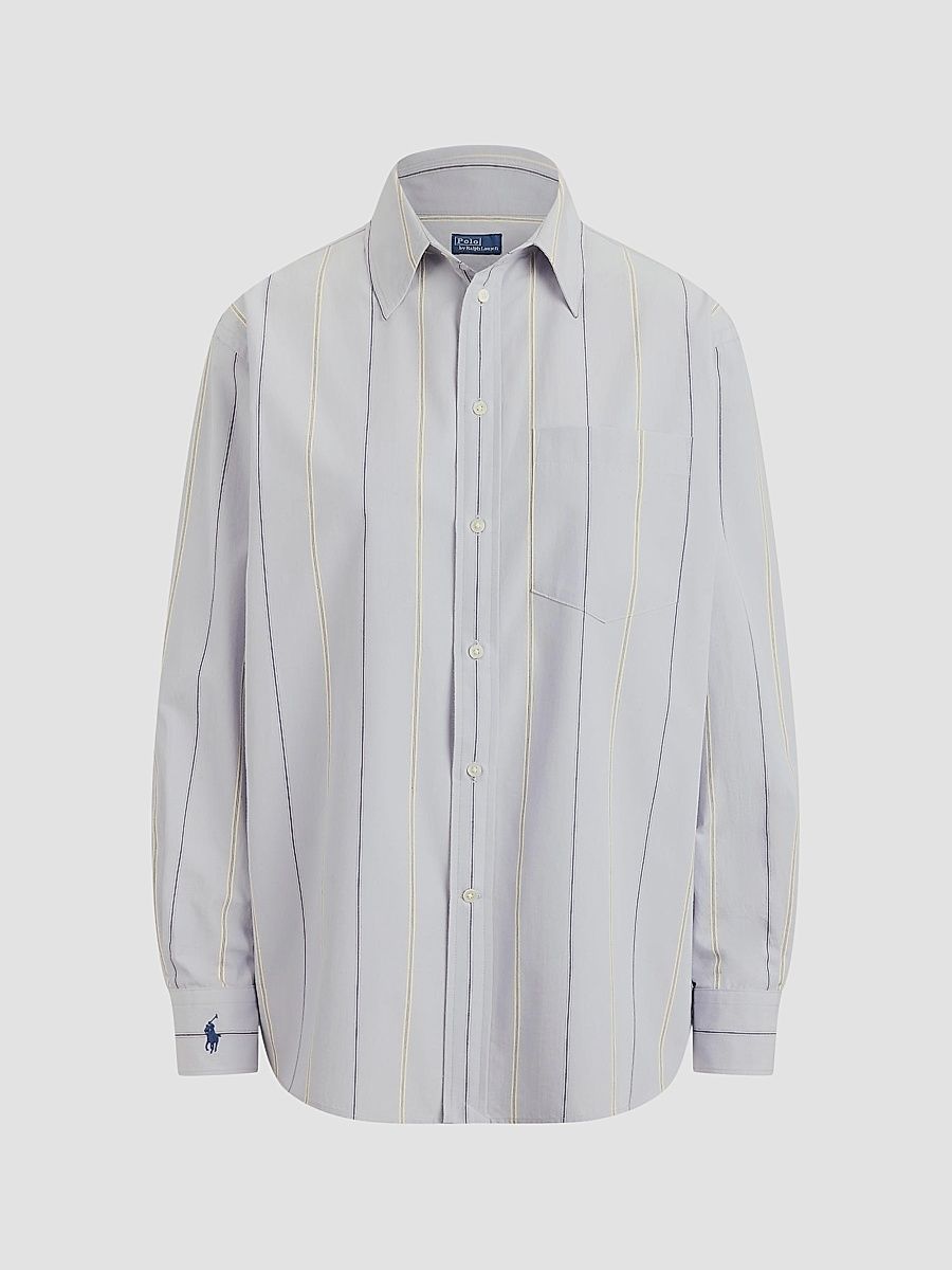 Women's Oversized Stripe Cotton Button-Front Shirt - Light Blue Cream - Size XL