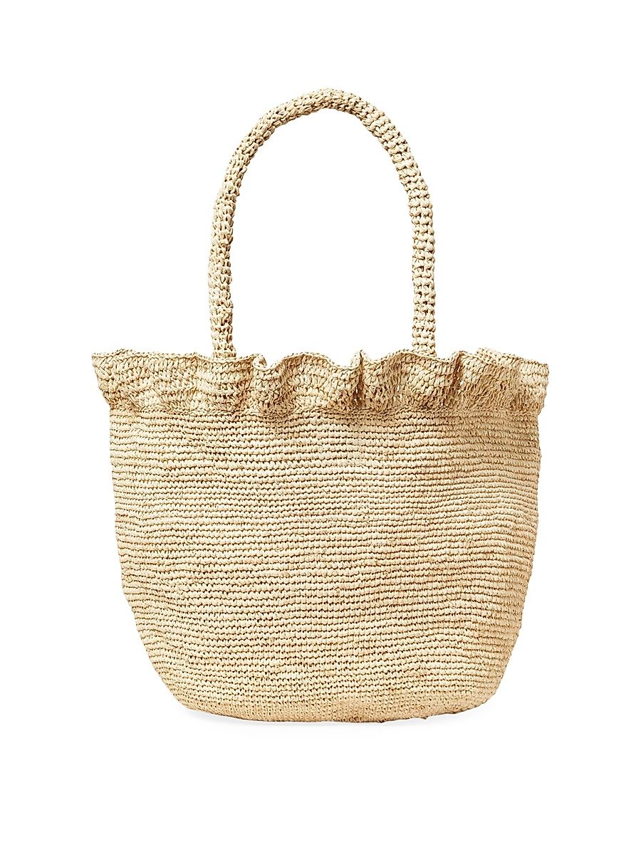 Women's Raffia Ruffled Woven Top Handle Bag - Natural