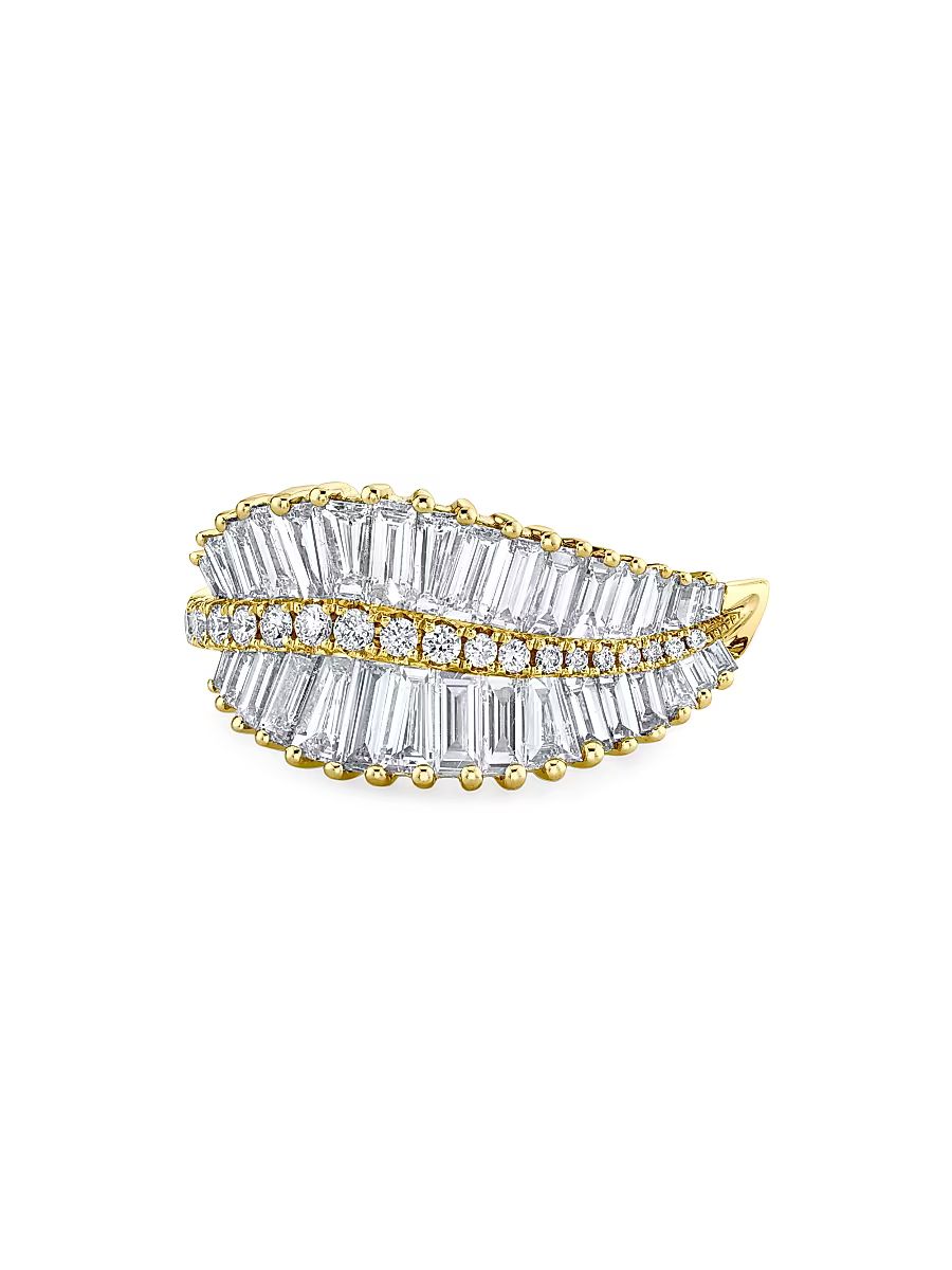Women's Sideways Palm Leaf 18K Gold & Diamond Ring - Yellow Gold - Size 7