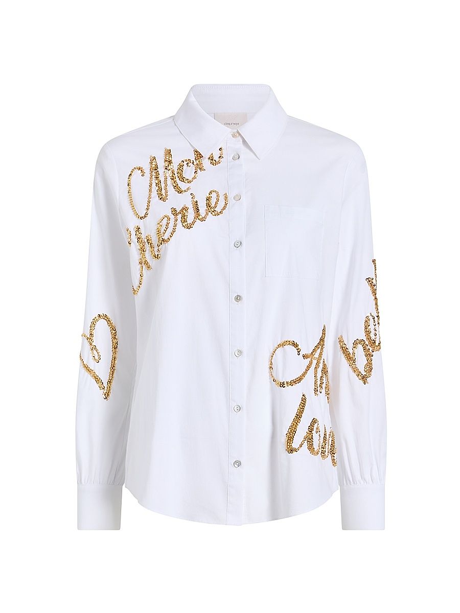 Women's Crushed Sequin Loveletter Blanche Button-Front Shirt - White Gold - Size Large