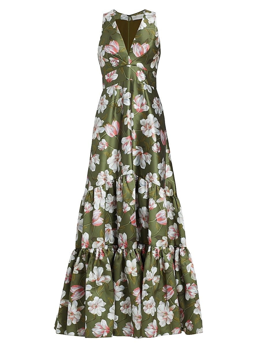 Women's Rori Floral Satin Gown - Moss Magnolia - Size 10