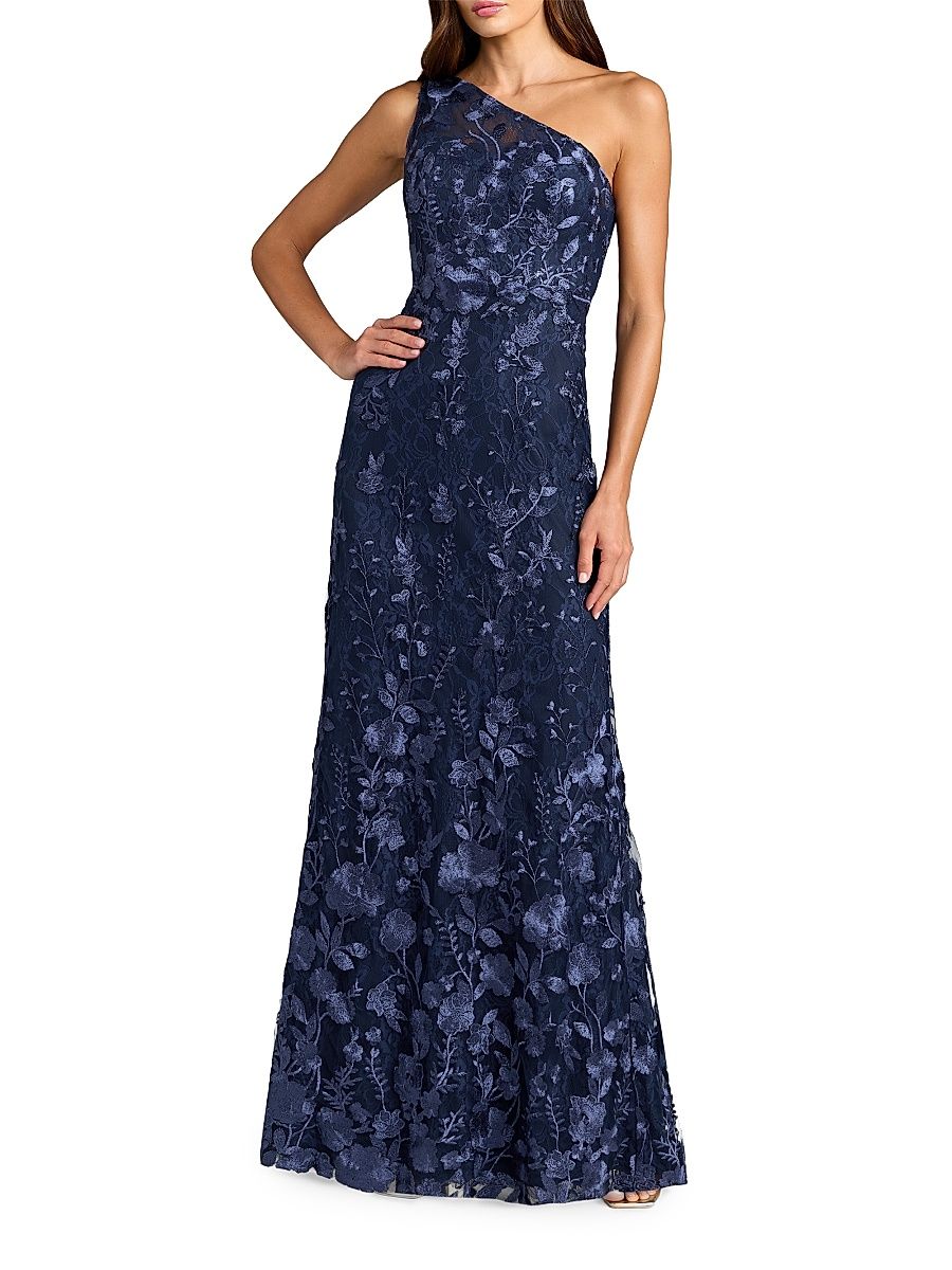 Women's One-Shoulder Floral Embroidered Gown - Midnight Multi - Size 16