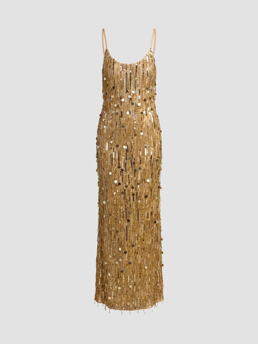 Mac Duggal Women's Sequin Beaded Tassel Column Gown - Gold - Size 14