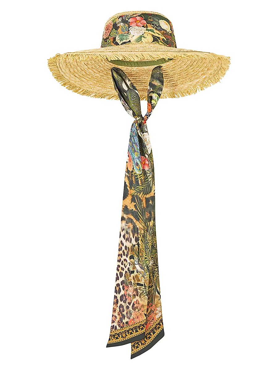 Women's Large Scarf-Trim Straw Sun Hat - Leotigra Land
