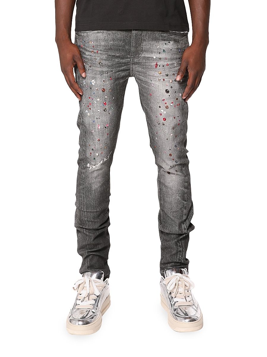 Men's Embellished Distressed Mid-Rise Skinny Jeans - Black - Size 33
