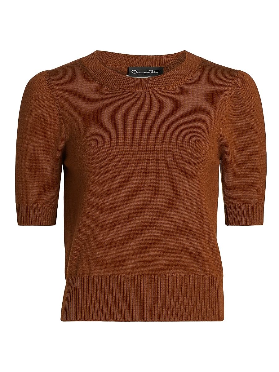 Women's Short-Sleeve Wool Sweater - Cognac - Size Medium