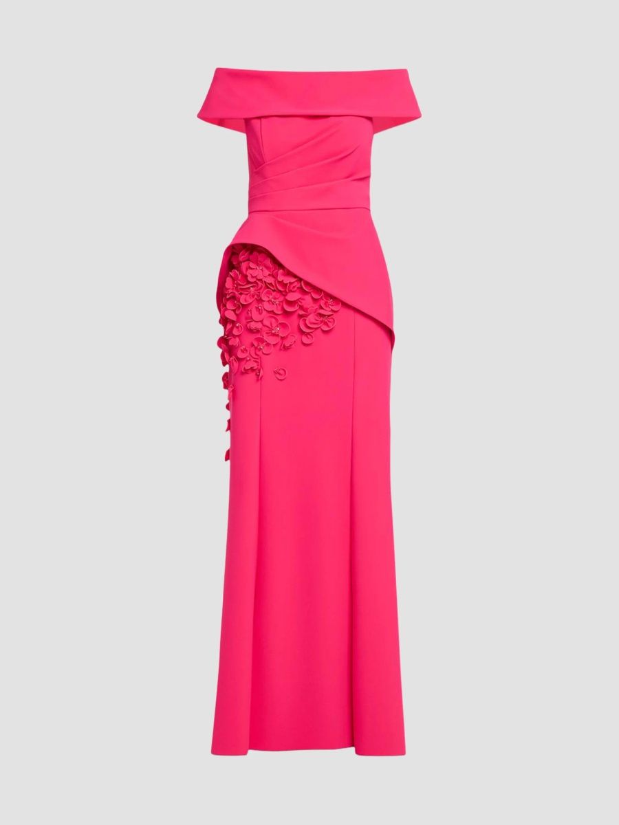 Teri Jon by Rickie Freeman Women's Off-The-Shoulder Peplum Scuba Gown - Hot Pink - Size 16