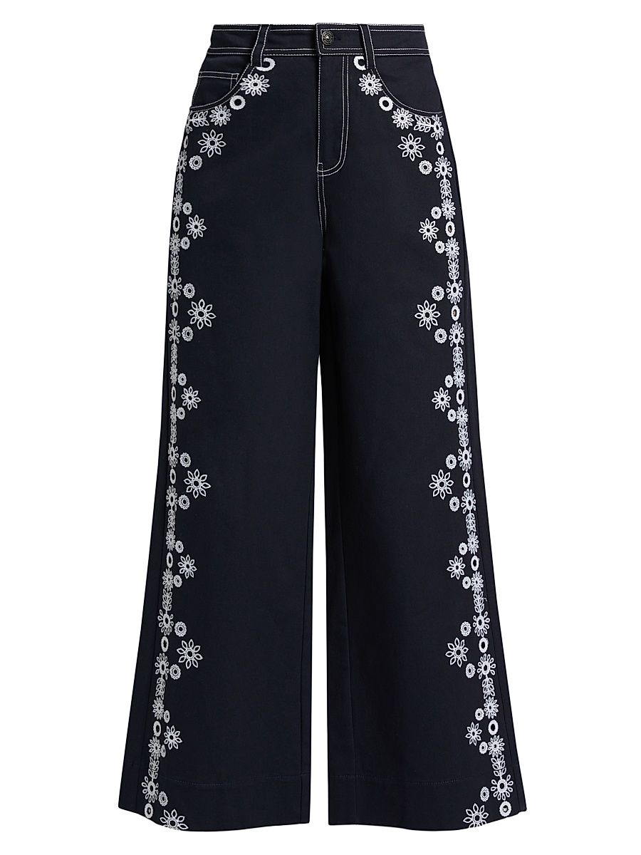 Women's Mazie Embroidered Stretch-Cotton Wide-Leg Crop Pants - Navy White - Size 10