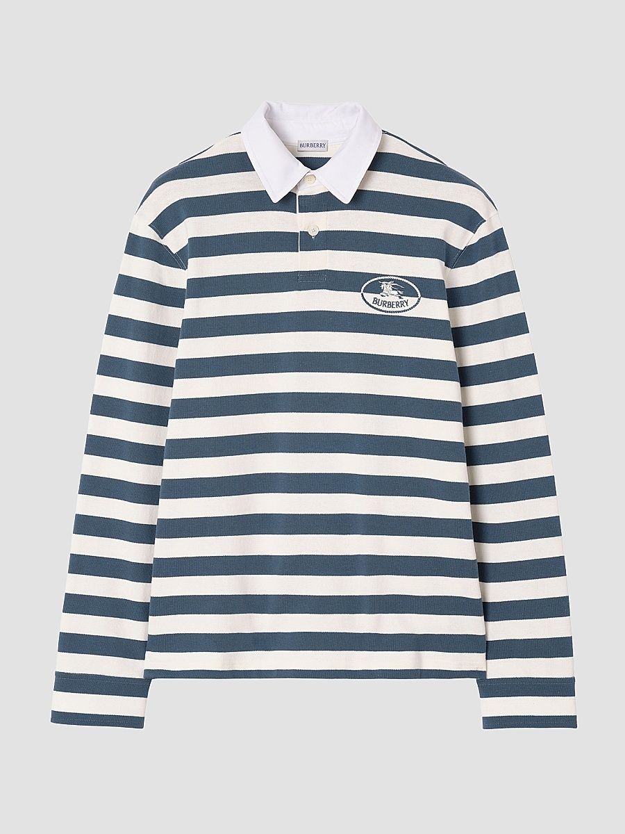 Men's Striped Cotton Rugby Shirt - Nickel Blue Cotton - Size XXL
