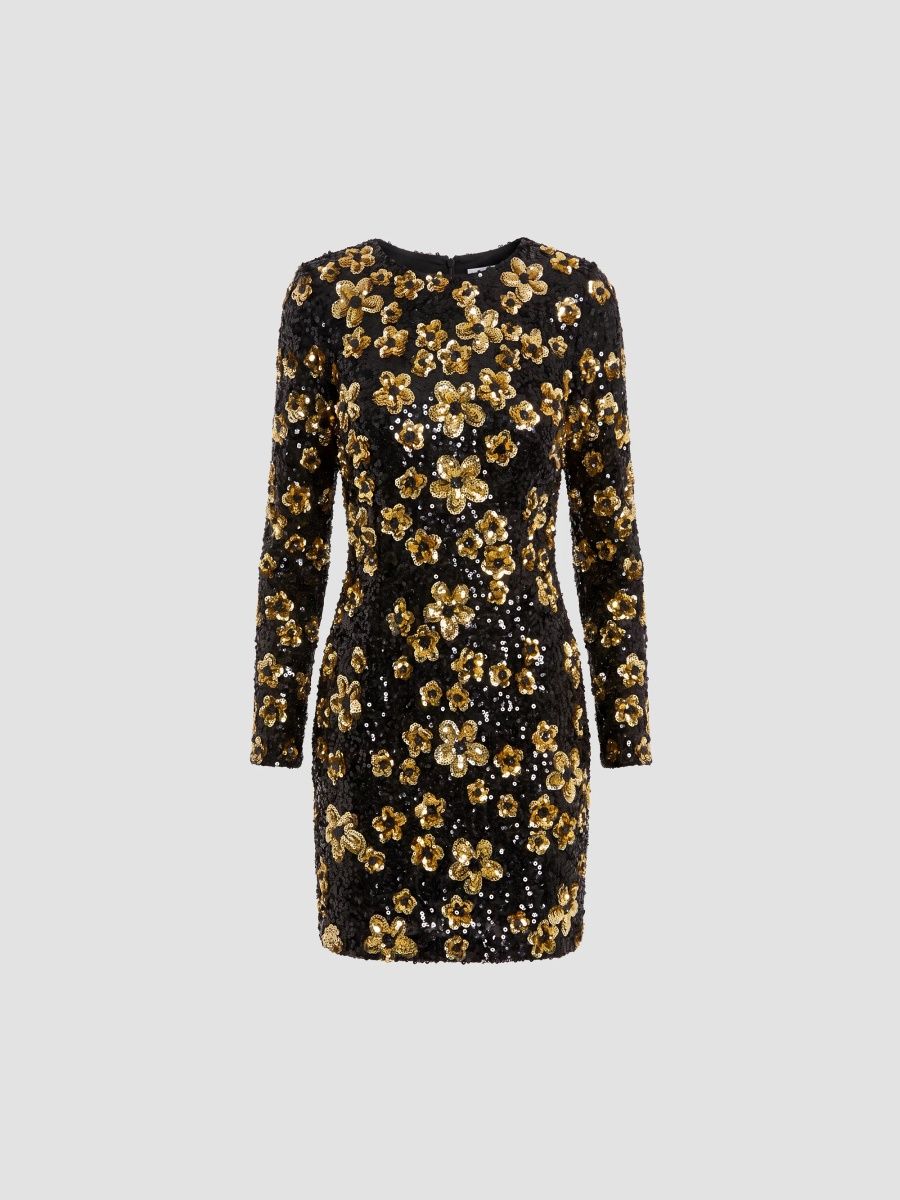 Mac Duggal Women's Floral Sequined Sheath Mini Dress - Black Gold - Size 14