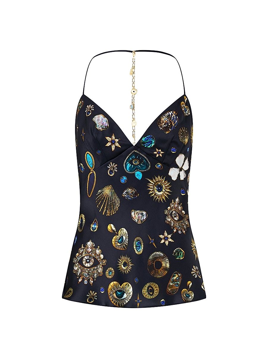 Women's Chain Detail Printed Silk Bias-Cut Camisole - Amulets And Alchemy - Size Small