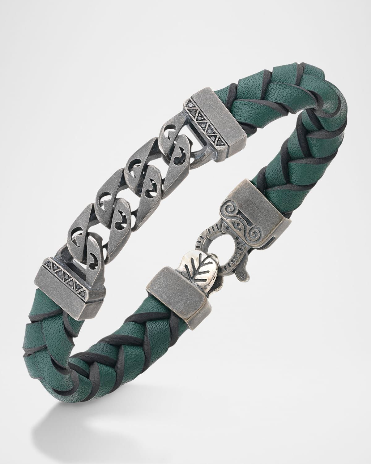 Men & apos;s Flaming Tongue Braided Leather and Silver Bracelet with Black Diamonds