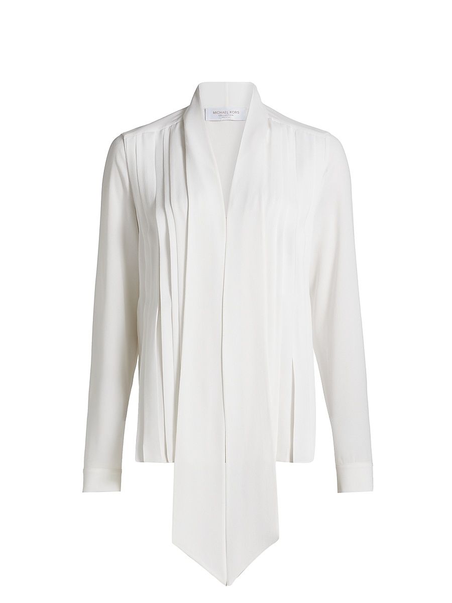 Women's Silk Pleated Tieneck Blouse - Optic White - Size 8