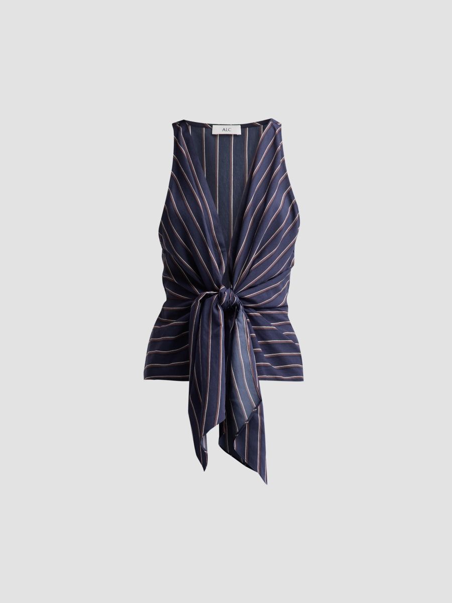 A. L.C. Women's Elle Striped Tie V-Neck Top - Inkwell Multi - Size 14