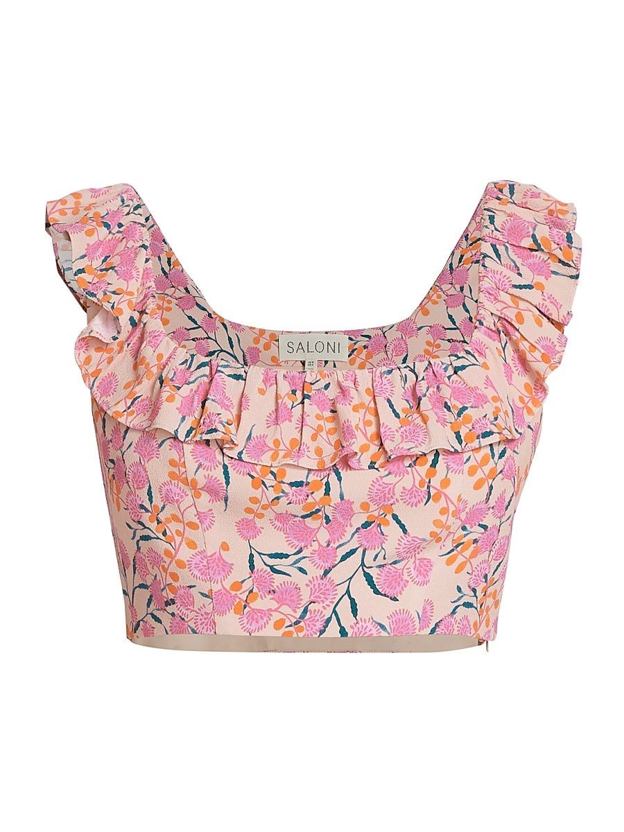 Women's Trish Floral Crepe Ruffled Crop Top - Samphire Coral - Size 14