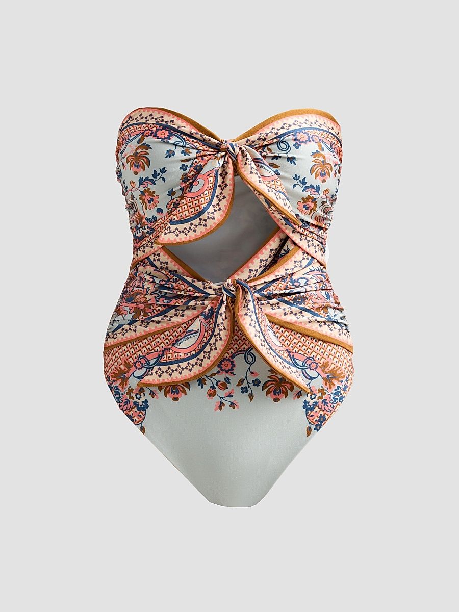 Women's Aster Floral Paisley Scarf Tie One-Piece Swimsuit - Blue Paisley Floral - Size 8