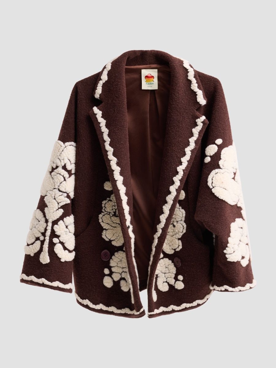 Farm Rio Women's Floral-Embroidered Fleece Coat - Brown - Size Large