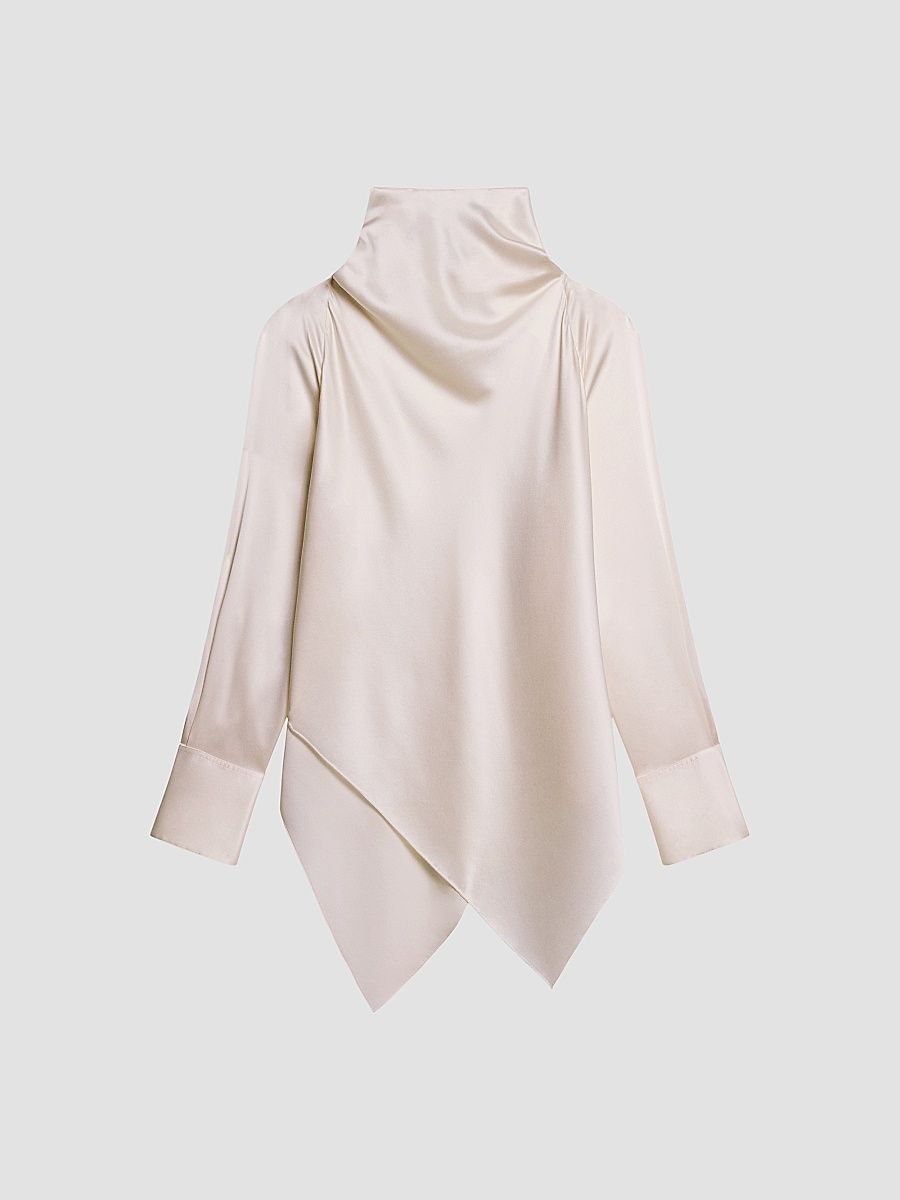 Women's Tie Neck Silk Long-Sleeve Top - Ivory - Size Large