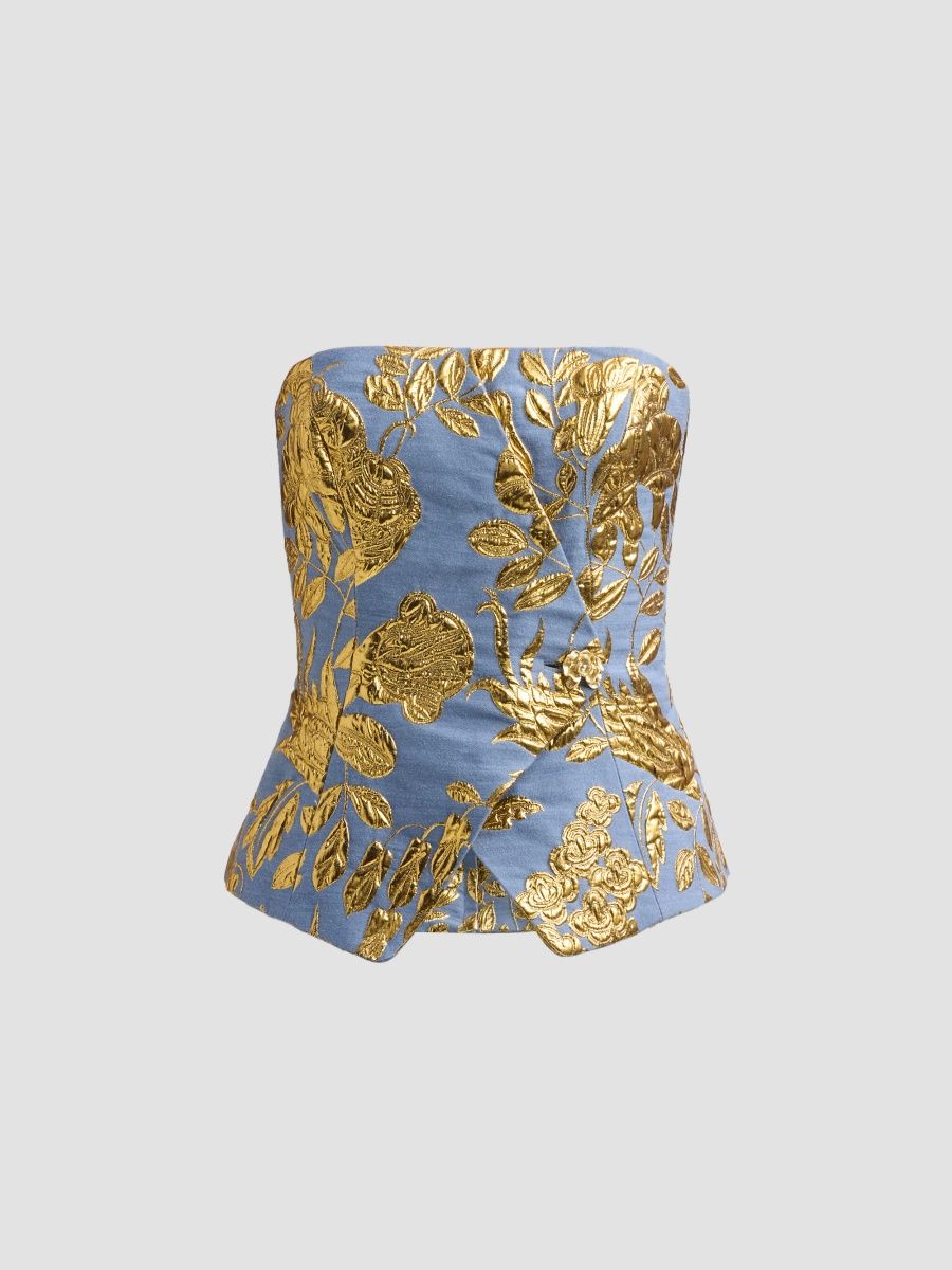 Lela Rose Women's Floral Metallic Fil Coupé Strapless Top - Gold - Size 0