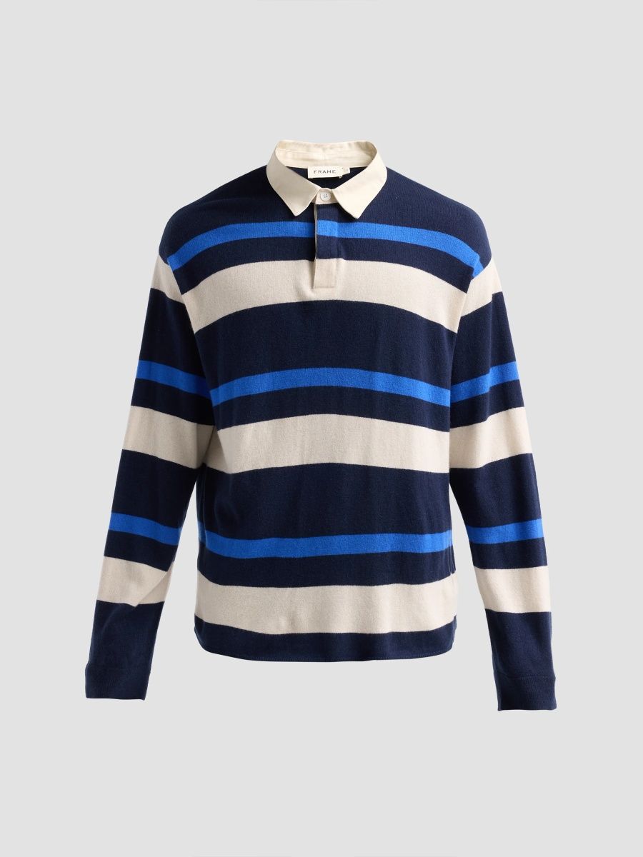 FRAME Men's Striped Rugby Polo Sweater - Navy Stripe - Size XL
