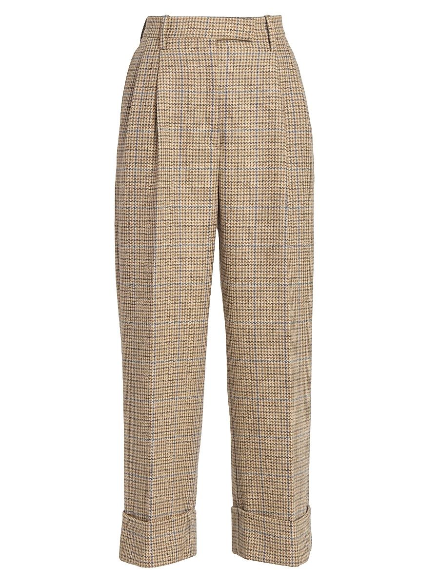 Women's High-Waist Pleated Wool Trousers - Brown - Size 8