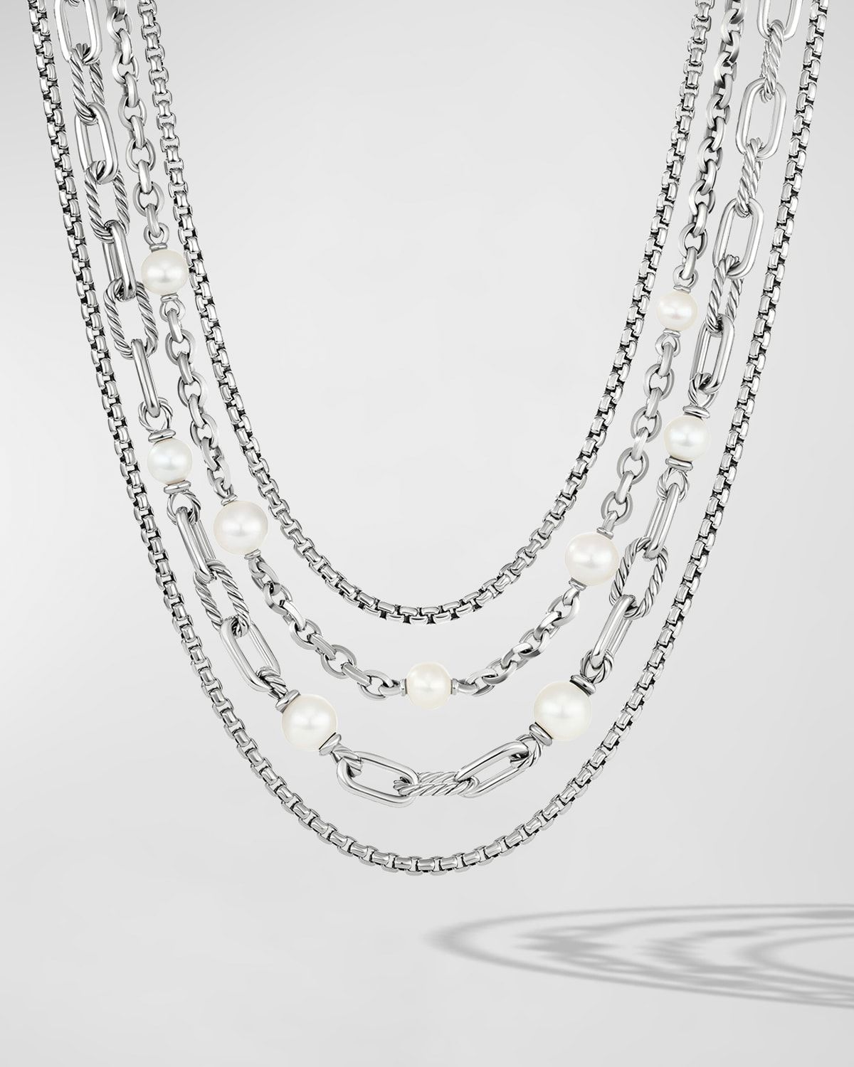DY Madison Multi Row Chain Necklace with Pearls in Silver, 10.5mm, 19.5"L